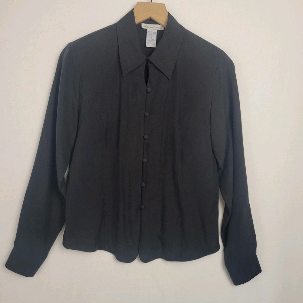 Vtg 90s Anna and Frank Silk Blouse SP Small Petite Black Keyhole Button Long Slv